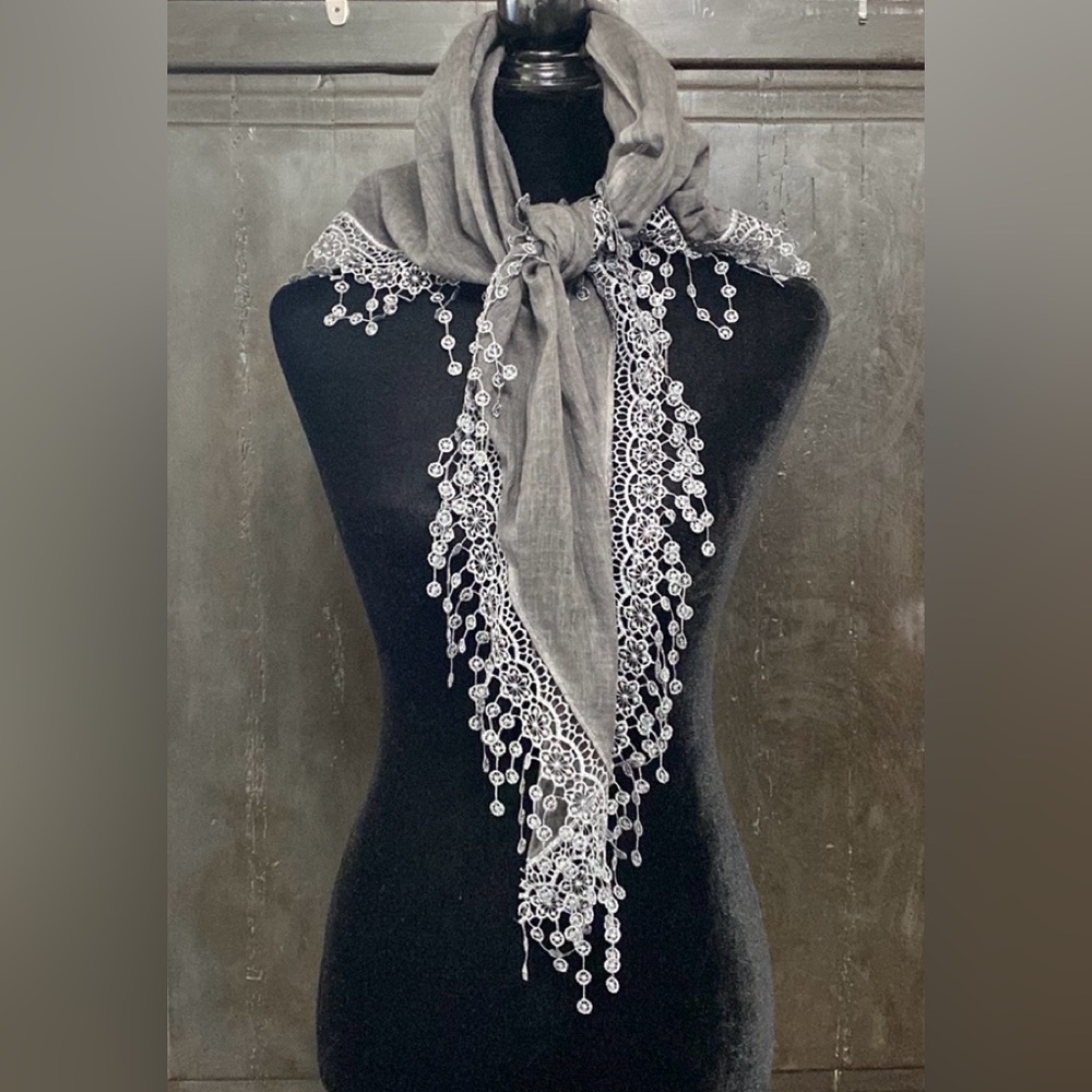Vintage gray rayon/lace beautiful scarf - one size